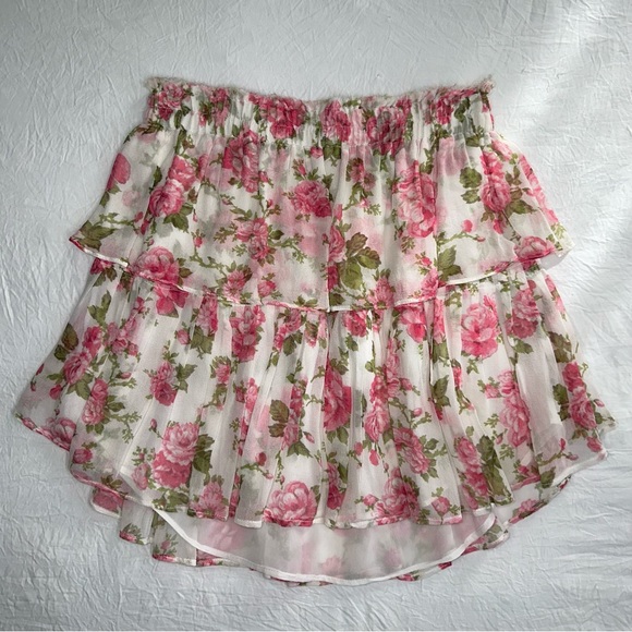 LoveShackFancy Rose Floral Silk Ruffle Mini Skirt size XS - Picture 2 of 7
